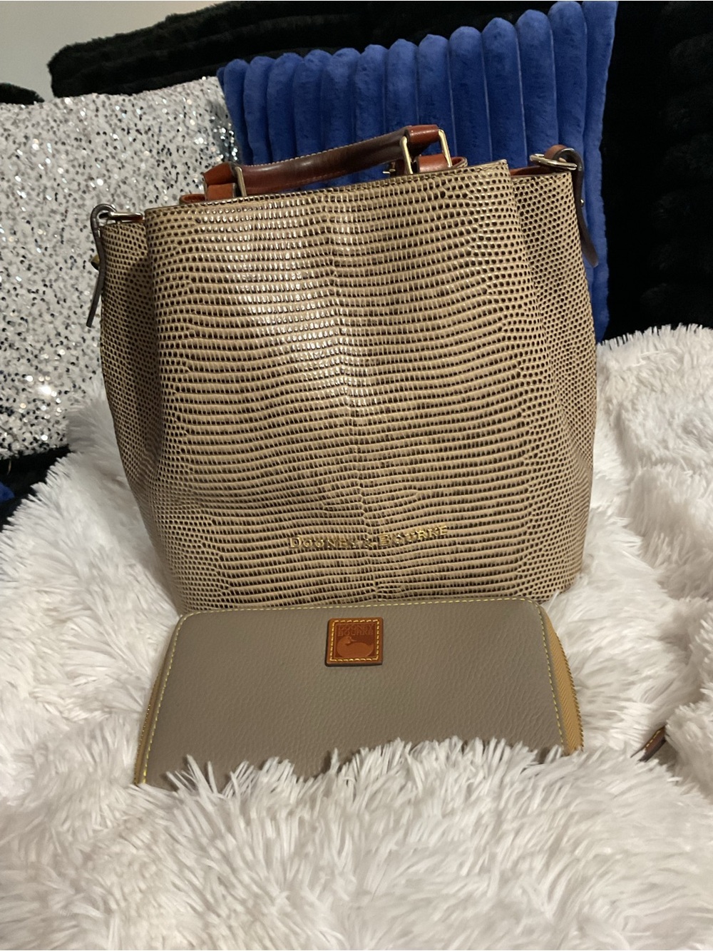 Dooney & Bourke Taupe Lizard-Embossed Tote with Tan Trim